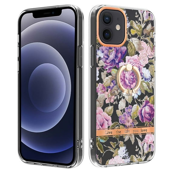 Floral Pattern Case for iPhone 12, Clear Case with Ring Holder Kickstand for iPhone 12, Slim Lightweight Military Grade Shockproof Protective Phone Cover for Women Girls, Flowers