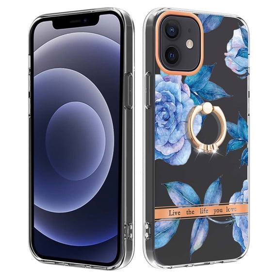 Floral Pattern Case for iPhone 12, Clear Case with Ring Holder Kickstand for iPhone 12, Slim Lightweight Military Grade Shockproof Protective Phone Cover for Women Girls, Blue Flower