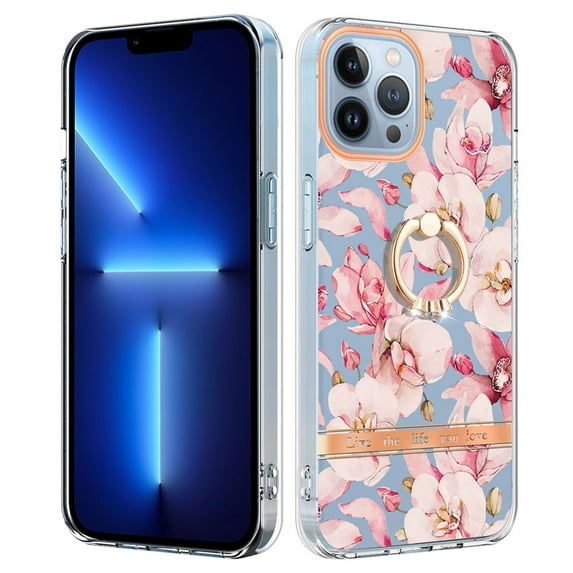 Floral Pattern Case for iPhone 13 Pro, Clear Case with Ring Holder Kickstand for iPhone 13 Pro, Slim Lightweight Military Grade Shockproof Protective Phone Cover for Women Girls, Pink Flower