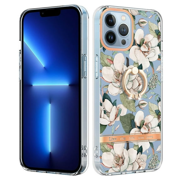 Floral Pattern Case for iPhone 13 Pro, Clear Case with Ring Holder Kickstand for iPhone 13 Pro, Slim Lightweight Military Grade Shockproof Protective Phone Cover for Women Girls, White Flower