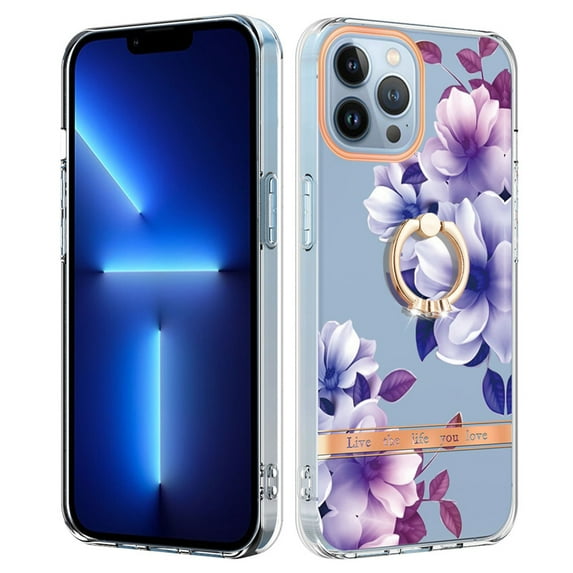 Floral Pattern Case for iPhone 15 Pro, Clear Case with Ring Holder Kickstand for iPhone 15 Pro, Slim Lightweight Military Grade Shockproof Protective Phone Cover for Women Girls, Purple Flower