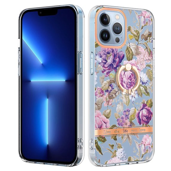 Floral Pattern Case for iPhone 16 Pro Max, Clear Case with Ring Holder Kickstand for iPhone 16 Pro Max, Slim Lightweight Military Grade Shockproof Protective Phone Cover for Women Girls, Flowers