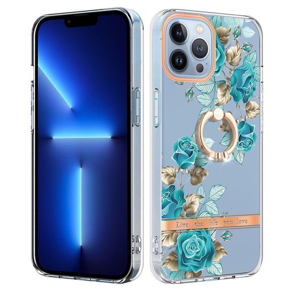 Floral Pattern Case for iPhone 16 Pro Max, Clear Case with Ring Holder Kickstand for iPhone 16 Pro Max, Slim Lightweight Military Grade Shockproof Protective Phone Cover for Women Girls, Green Flower