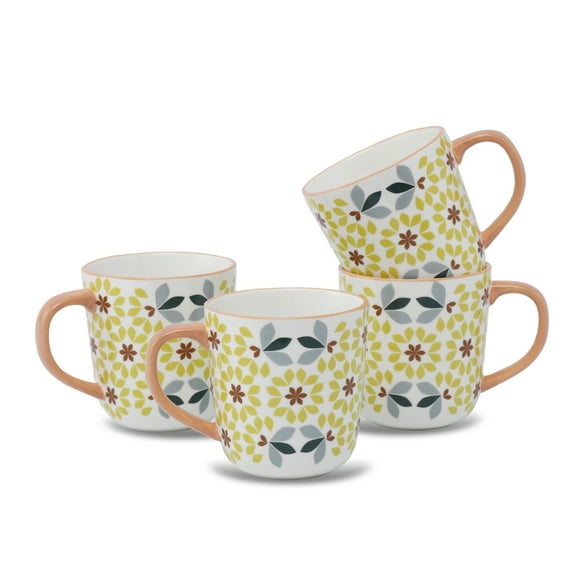 Floral Pattern Ceramic Coffee Mugs, Bone China Tea Cups with Yellow and Gray Design, Taupe Handle, Set of 4