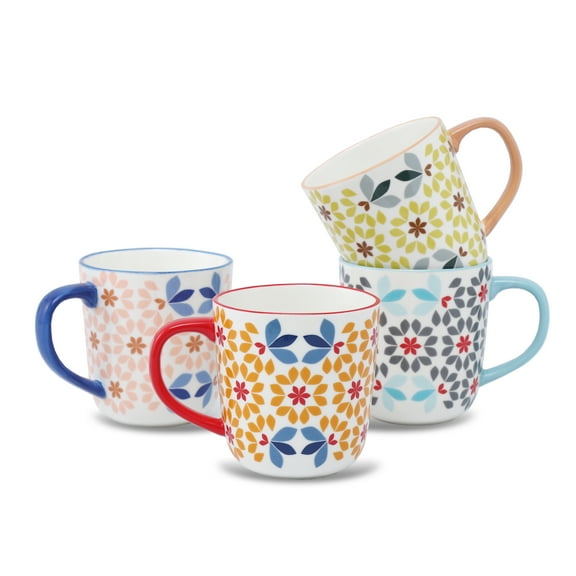 Floral Pattern Coffee Mugs, Bone China Tea Cups with Colored Handles, Set of 4