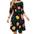 thumbnail image 1 of Floral Pattern Dark Background Pink Yellow Flare Dress Square Neck Dress Elegant Female Fashion Printed Dress, 1 of 9