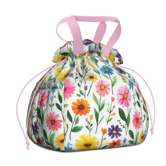 Floral Pattern Drawstring Lunch Bag Women - Drawstring Lunch Bag Insulated for Work Office - Stain-Resistant Large Lunchbags for Women with Multi-Pockets