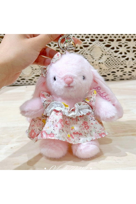 Floral Pattern Dresses Easter Bunny Plush Toys Keychain, 5.9" Easter Bunny Plushies Bag Charms, Rabbit Stuffed Animals for Easter Baskets Stuffers & Egg Filling, Birthday Easter Gifts (Pink)