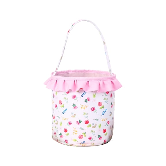 Floral Pattern Easter Basket with Egg-Shaped Candy and Embroidered Ruffled Bunny Design, Spring Holiday Decoration