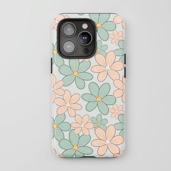 Floral Pattern For All iPhone Series Protective Phone Case Retro Style Mint Peach