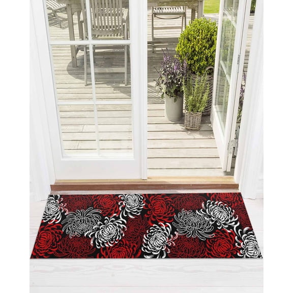 Floral Pattern Front Door Mat Outline White Red Chrysanthemum Graphic Welcome Doormat Indoor Outdoor Entrance Floor Mat Non-Slip Washable Runner Rug for Front Porch Decor 24x71 Inch