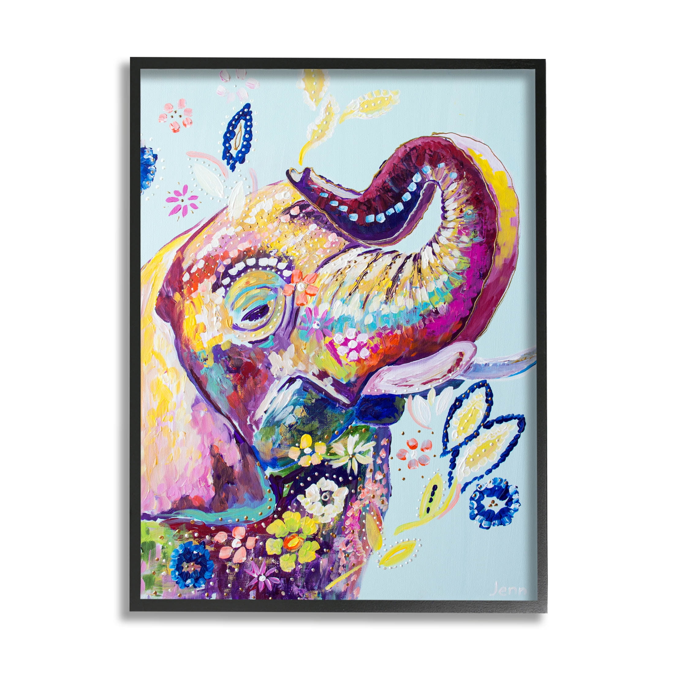 Floral Pattern Fun Elephant Animals & Insects Painting Black Framed Art Print Wall Art