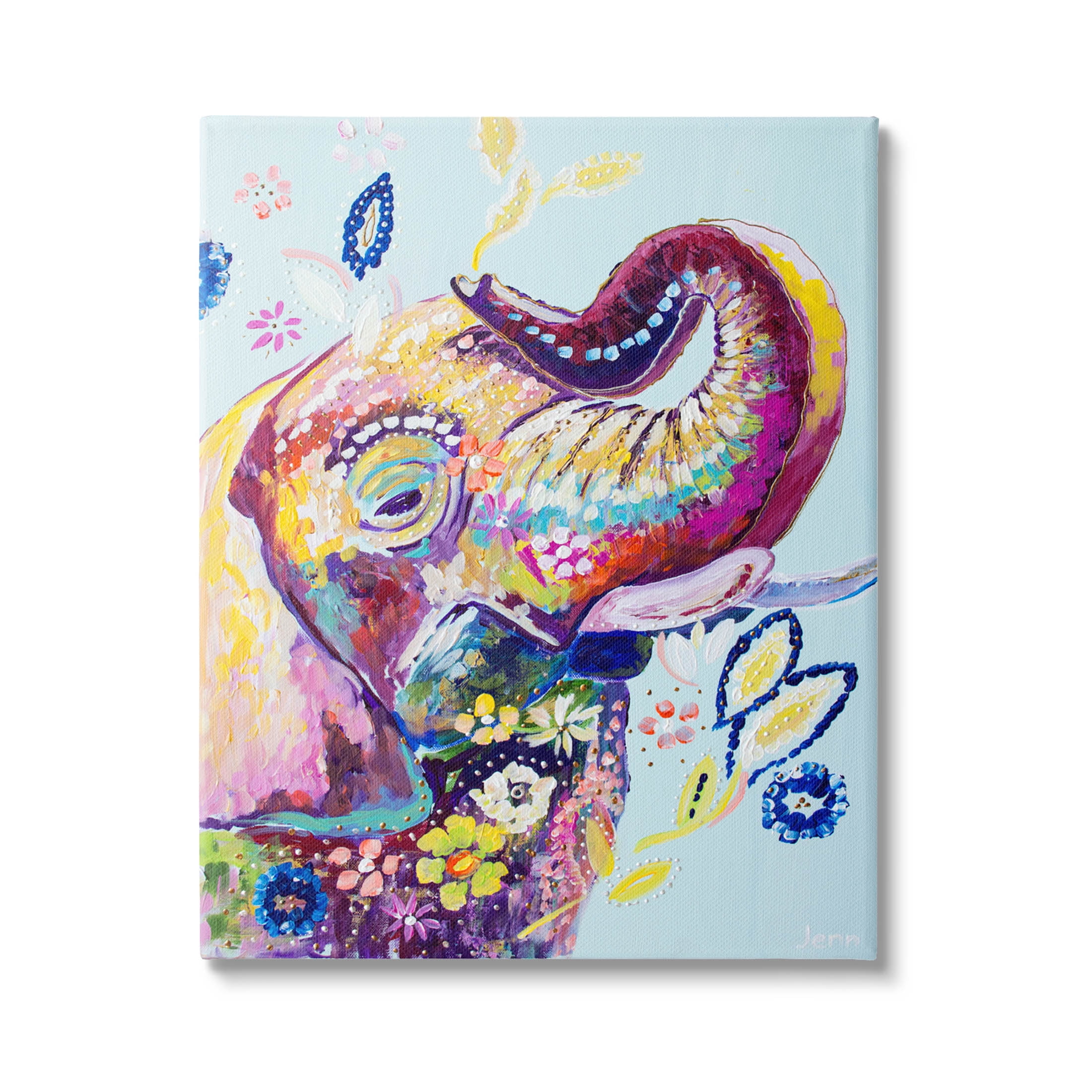 Floral Pattern Fun Elephant Animals & Insects Painting Gallery Wrapped Canvas Print Wall Art