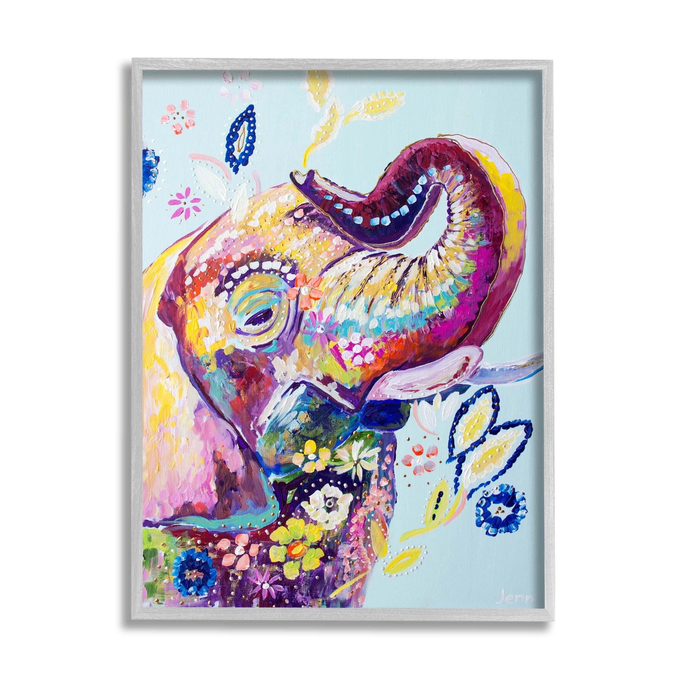 Floral Pattern Fun Elephant Animals & Insects Painting Gray Framed Art Print Wall Art