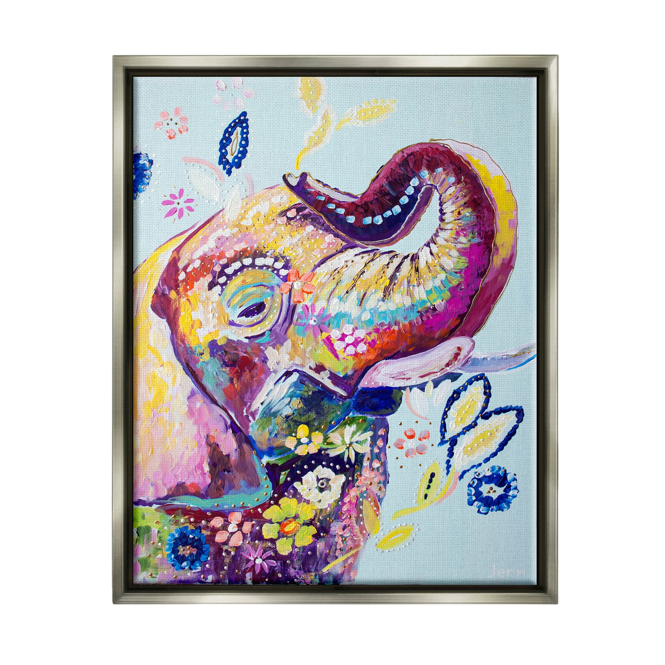 Floral Pattern Fun Elephant Animals & Insects Painting Luster Gray Framed Art Print Wall Art