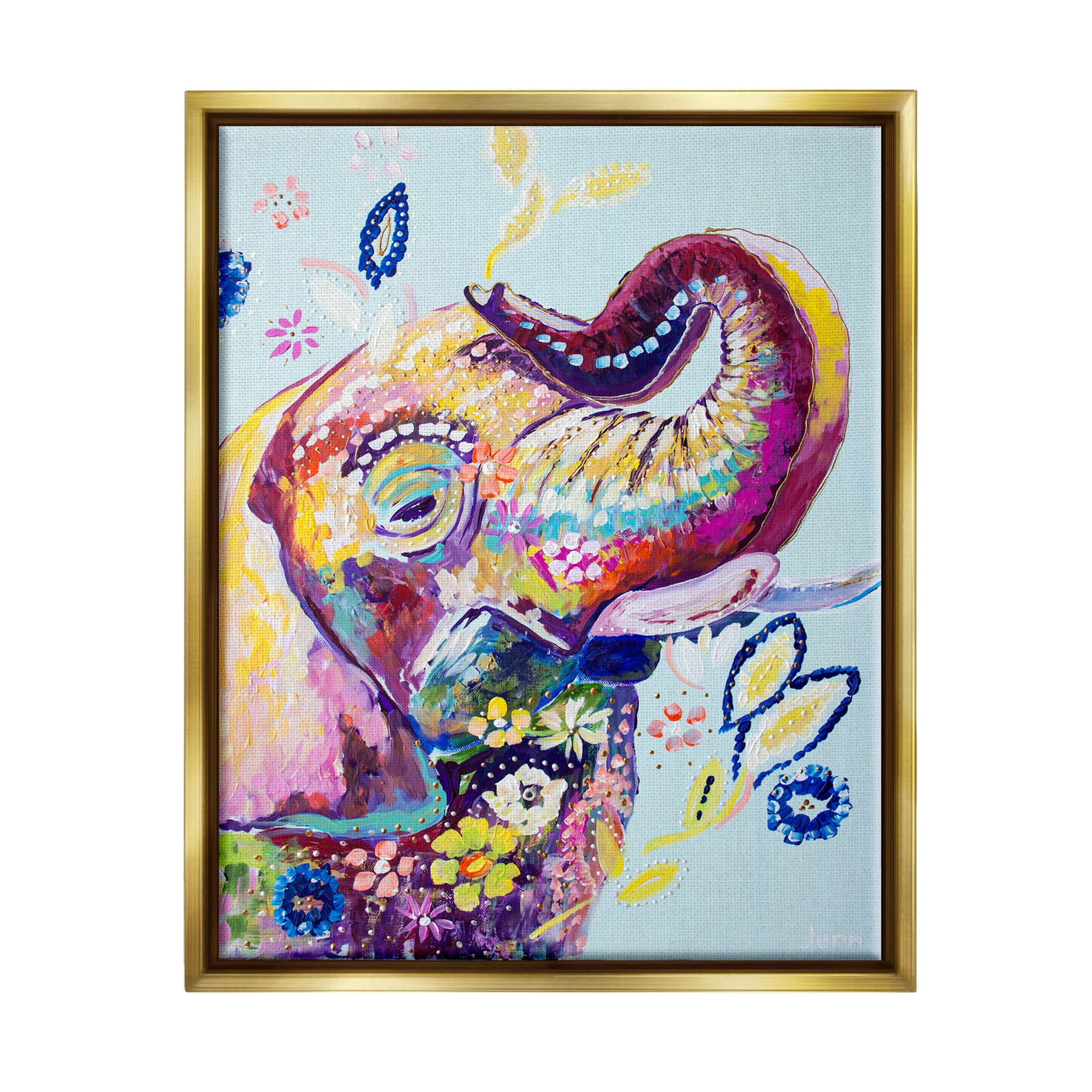 Floral Pattern Fun Elephant Animals & Insects Painting Metallic Gold Framed Art Print Wall Art