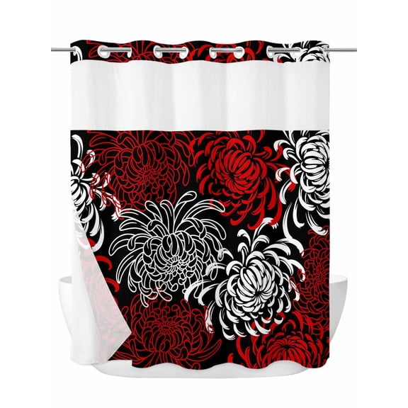 Floral Pattern No Hook Shower Curtain and Liner Set Outline White Red Chrysanthemum Graphic Shower Curtains with Snap-in Liner & See Through Top Window Hotel Style for Bathroom Decor 72x72 Inch