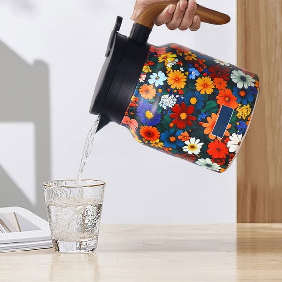 Floral Pattern Insulated Stainless Steel Tea Pot with Built-In Infuser Portable Travel Kettle for Hot Cold Beverages