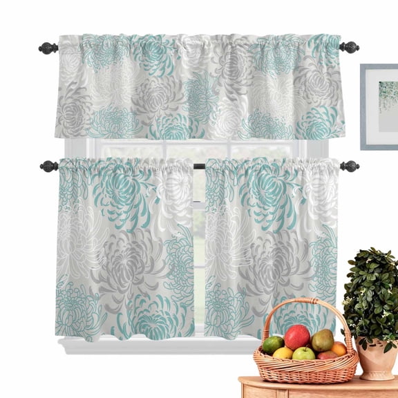 Floral Pattern Kitchen Curtains Valances 3 Piece Set, Outline White Indigo Chrysanthemum Graphic Rod Pocket Tier Curtain and Valance Drapes for Small Window 36 Inch Length for Bedroom Cafe