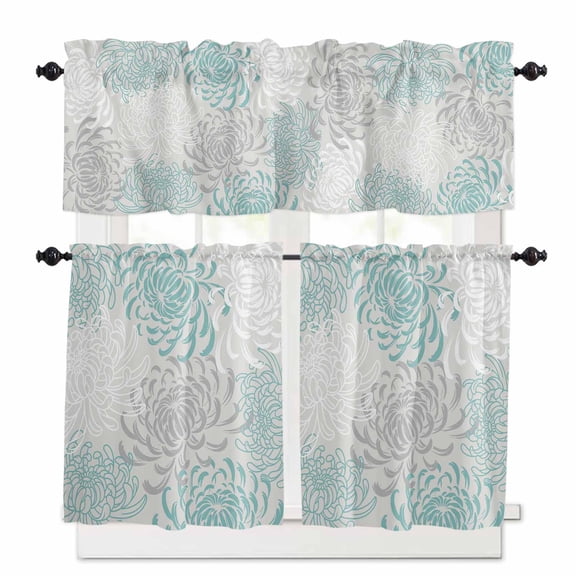 Floral Pattern Kitchen Curtains Valances and Tiers Set of 3, 24 Inch Length Tier Curtains and Valance Rod Pocket Valance Curtains Set for Kitchen Bathroom Small Windows