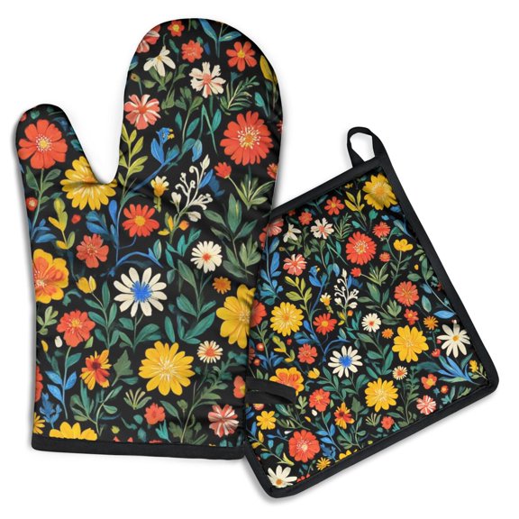 Floral Pattern Kitchen Oven Mitt and Pot Holder Sets 2 Pcs for Baking, Cooking and Grilling, Heat Resistant Up To 392 °F