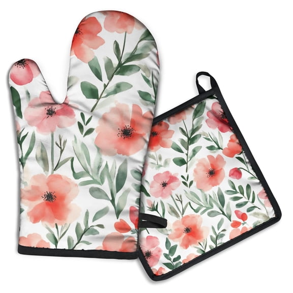 Floral Pattern Kitchen Oven Mitt and Pot Holder Sets 2 Pcs for Baking, Cooking and Grilling, Heat Resistant Up To 392 °F