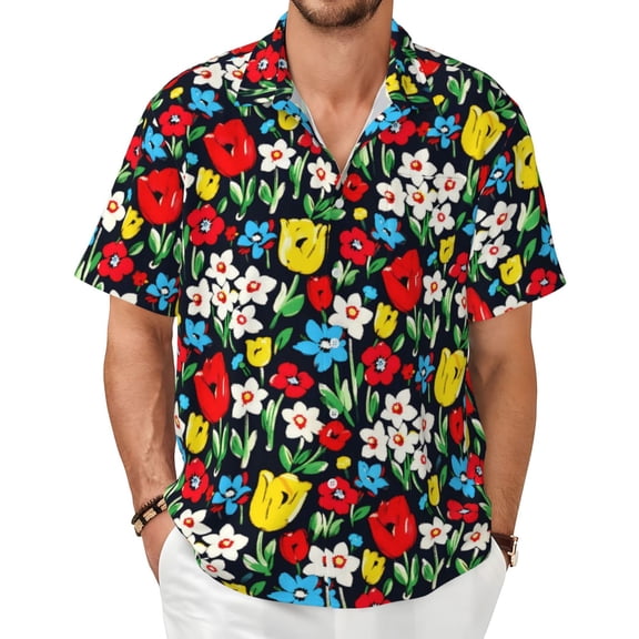 Floral Pattern Men's Shirts Short-Sleeved with All-Over Prints Button-Up Shirts