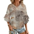 thumbnail image 1 of Floral Pattern Muted Tones Fabric Women's V-Neck Blouse With 3/4 Ruffled Bell Sleeves Casual Top Ladies Blouses, 1 of 7