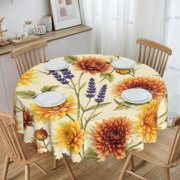 Floral Pattern With Orange Round Tablecloth Waterproof Oil-Proof Plastic Table Cloth Stain-Resistant Wipeable 60" for Camping, Dining, Indoor and Outdoor