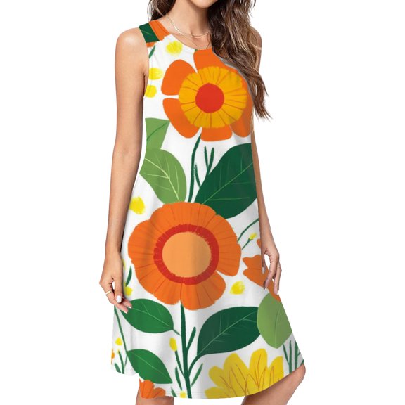 Floral Pattern Orange Yellow Green Casual Sleeveless Loose Sundress Dress For Women Summer Dress Daily Woman