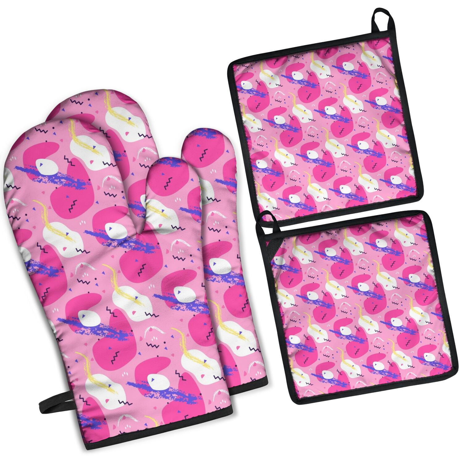 Floral Pattern Oven Mitts and Pot Holders Set Of 4, Heat Resistant Kitchen Gloves with Non-Slip Grip, Hanging Loop, Soft Cotton Lining for Baking, Cooking, Grilling, Barbecue