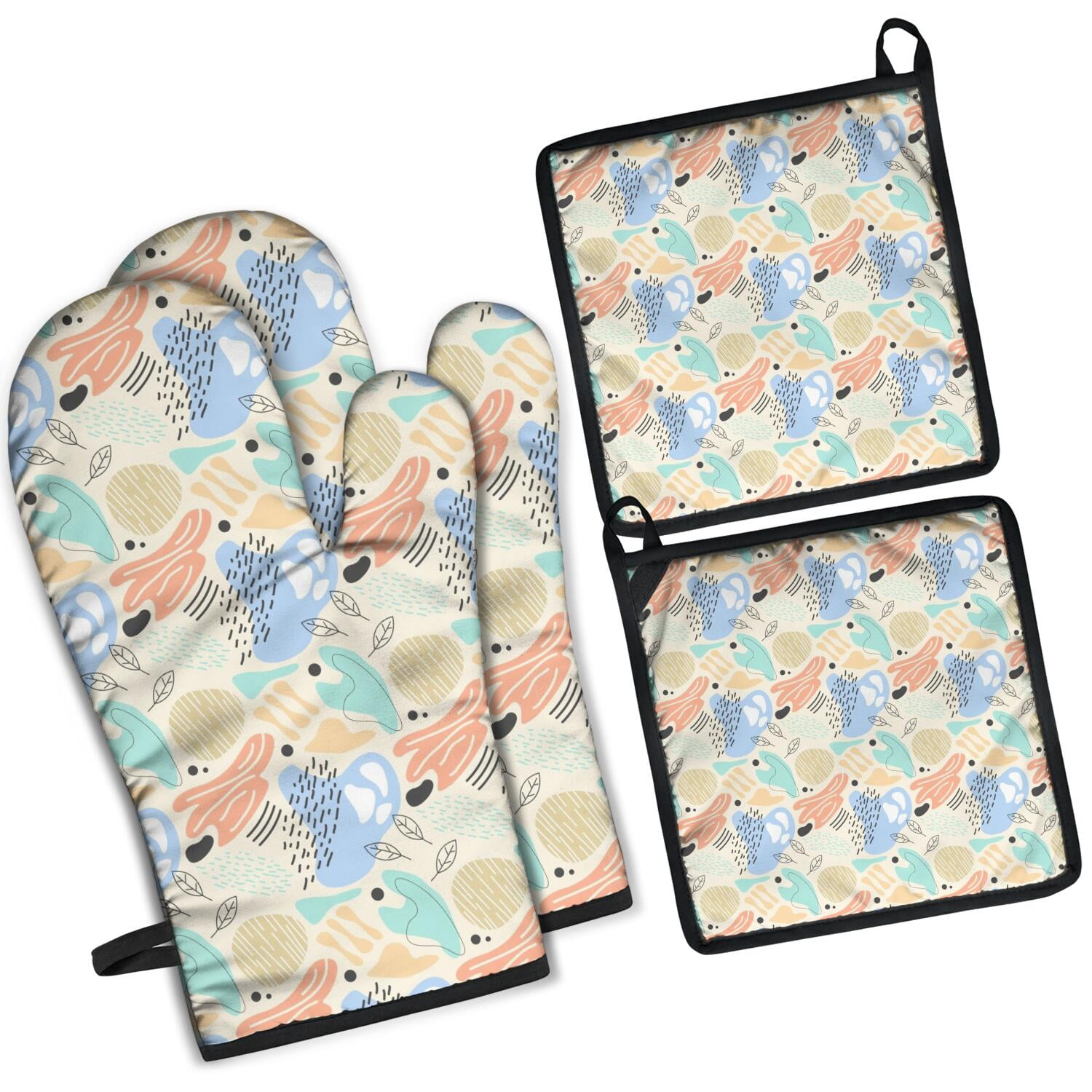Floral Pattern Oven Mitts and Pot Holders Set Of 4, Heat Resistant Kitchen Gloves with Non-Slip Grip, Hanging Loop, Soft Cotton Lining for Baking, Cooking, Grilling, Barbecue