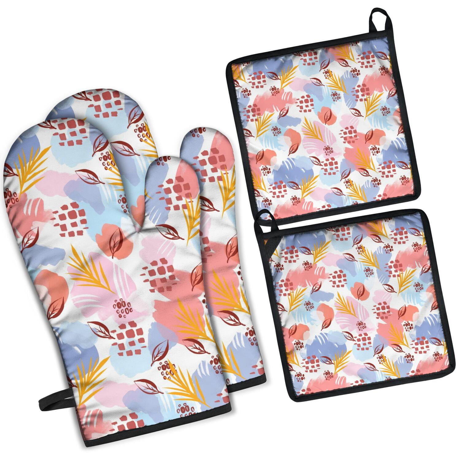 Floral Pattern Oven Mitts and Pot Holders Set Of 4, Heat Resistant Kitchen Gloves with Non-Slip Grip, Hanging Loop, Soft Cotton Lining for Baking, Cooking, Grilling, Barbecue