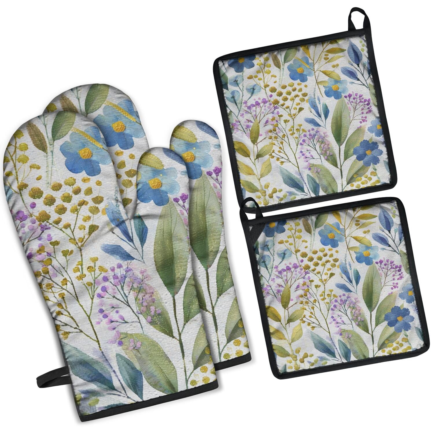 Floral Pattern Oven Mitts and Pot Holders Set Of 4, Heat Resistant Kitchen Gloves with Non-Slip Grip, Hanging Loop, Soft Cotton Lining for Baking, Cooking, Grilling, Barbecue