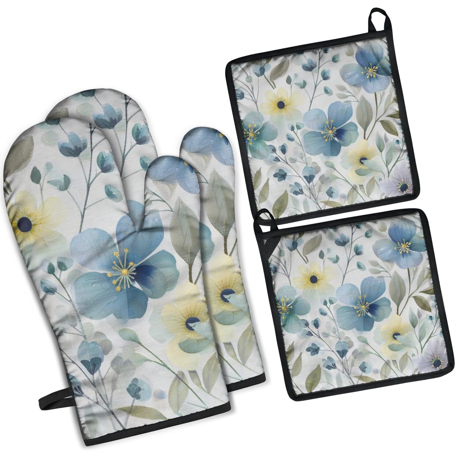 Floral Pattern Oven Mitts and Pot Holders Set Of 4, Heat Resistant Kitchen Gloves with Non-Slip Grip, Hanging Loop, Soft Cotton Lining for Baking, Cooking, Grilling, Barbecue