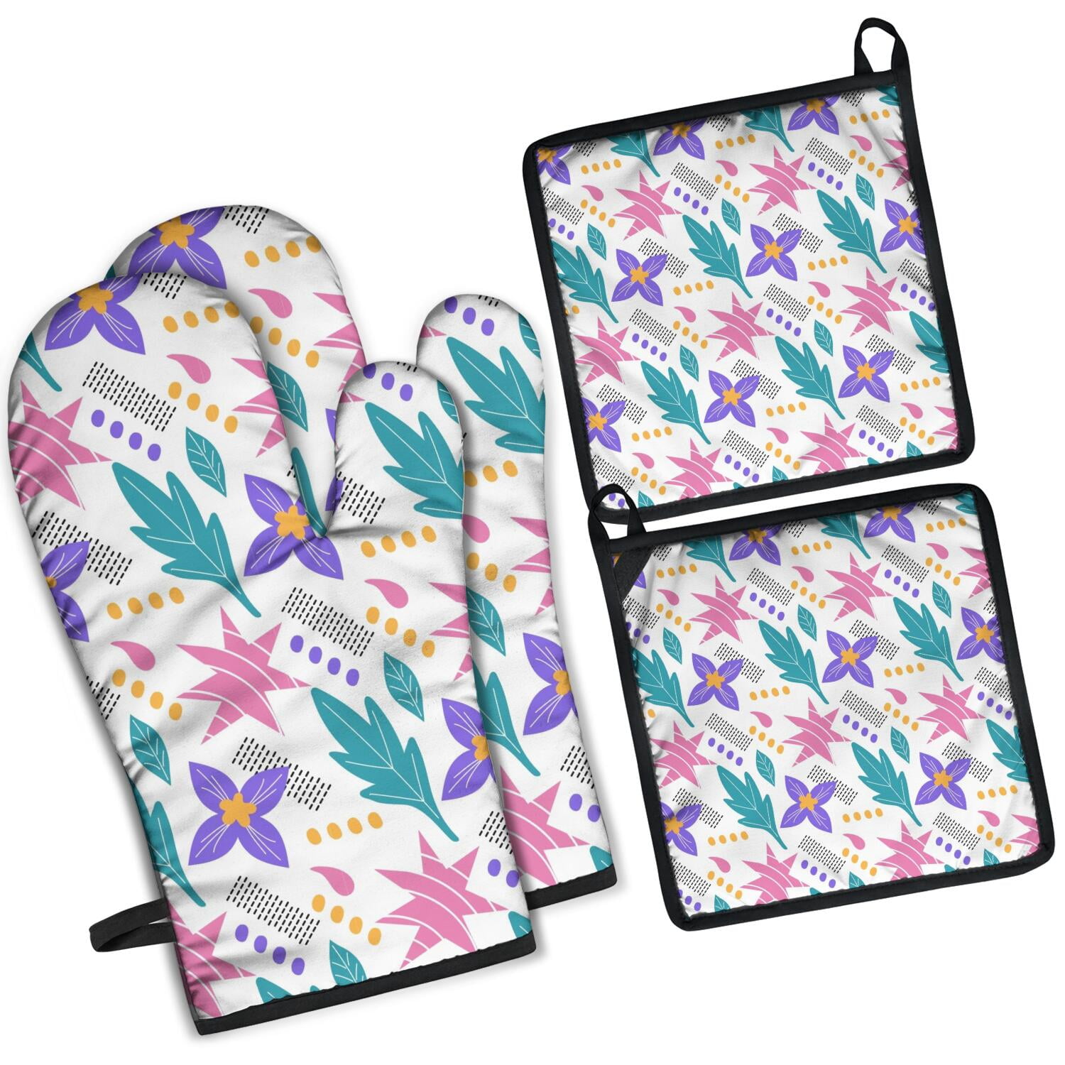 Floral Pattern Oven Mitts and Pot Holders Set Of 4, Heat Resistant Kitchen Gloves with Non-Slip Grip, Hanging Loop, Soft Cotton Lining for Baking, Cooking, Grilling, Barbecue