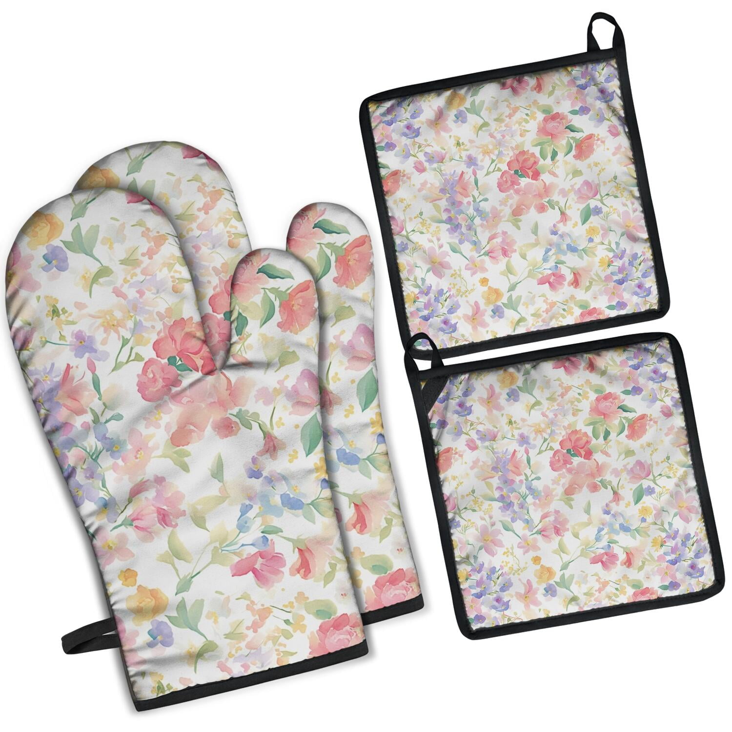 Floral Pattern Oven Mitts and Pot Holders Set Of 4, Heat Resistant Kitchen Gloves with Non-Slip Grip, Hanging Loop, Soft Cotton Lining for Baking, Cooking, Grilling, Barbecue