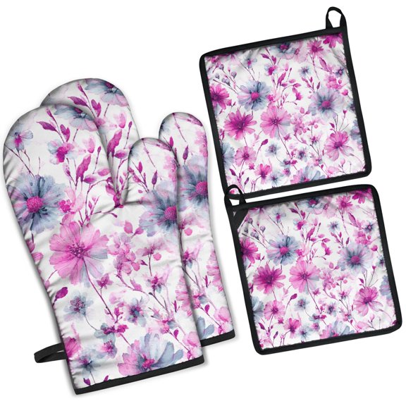 Floral Pattern Oven Mitts and Pot Holders Set Of 4, Heat Resistant Kitchen Gloves with Non-Slip Grip, Hanging Loop, Soft Cotton Lining for Baking, Cooking, Grilling, Barbecue