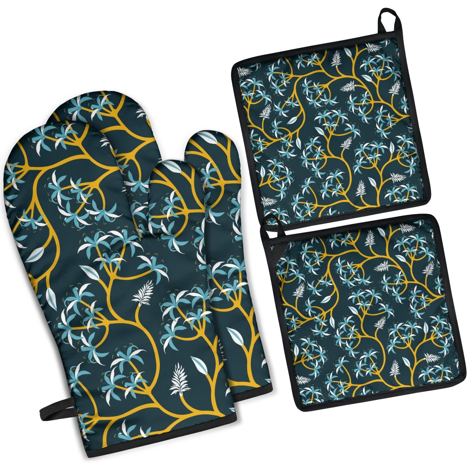 Floral Pattern Oven Mitts and Pot Holders Set Of 4, Heat Resistant Kitchen Gloves with Non-Slip Grip, Hanging Loop, Soft Cotton Lining for Baking, Cooking, Grilling, Barbecue
