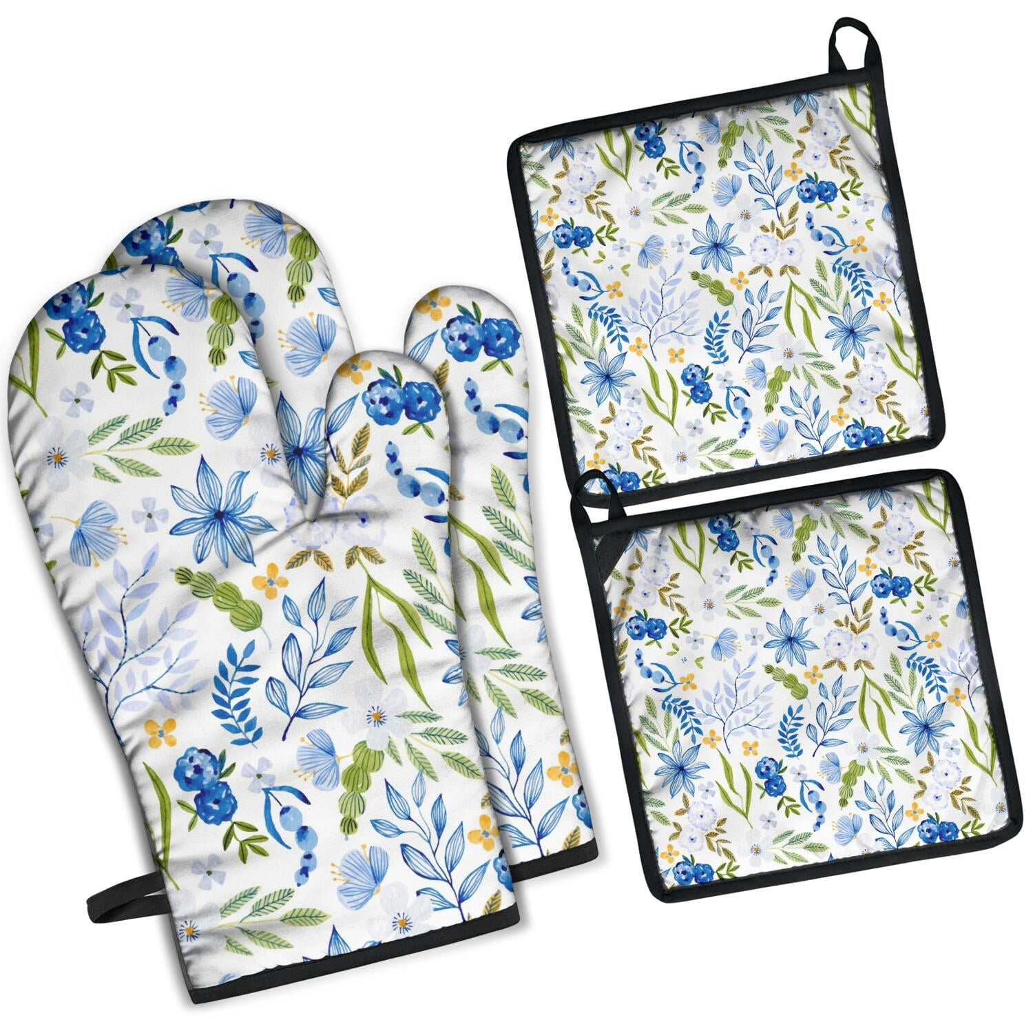 Floral Pattern Oven Mitts and Pot Holders Set Of 4, Heat Resistant Kitchen Gloves with Non-Slip Grip, Hanging Loop, Soft Cotton Lining for Baking, Cooking, Grilling, Barbecue