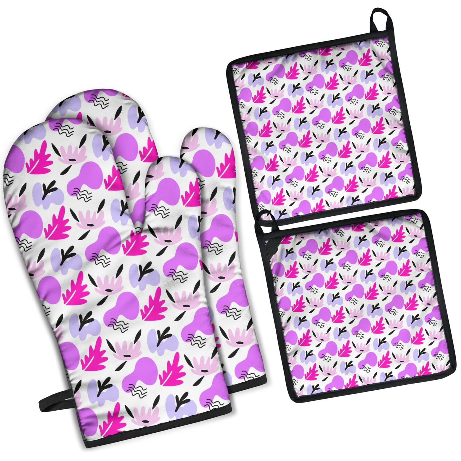 Floral Pattern Oven Mitts and Pot Holders Set Of 4, Heat Resistant Kitchen Gloves with Non-Slip Grip, Hanging Loop, Soft Cotton Lining for Baking, Cooking, Grilling, Barbecue