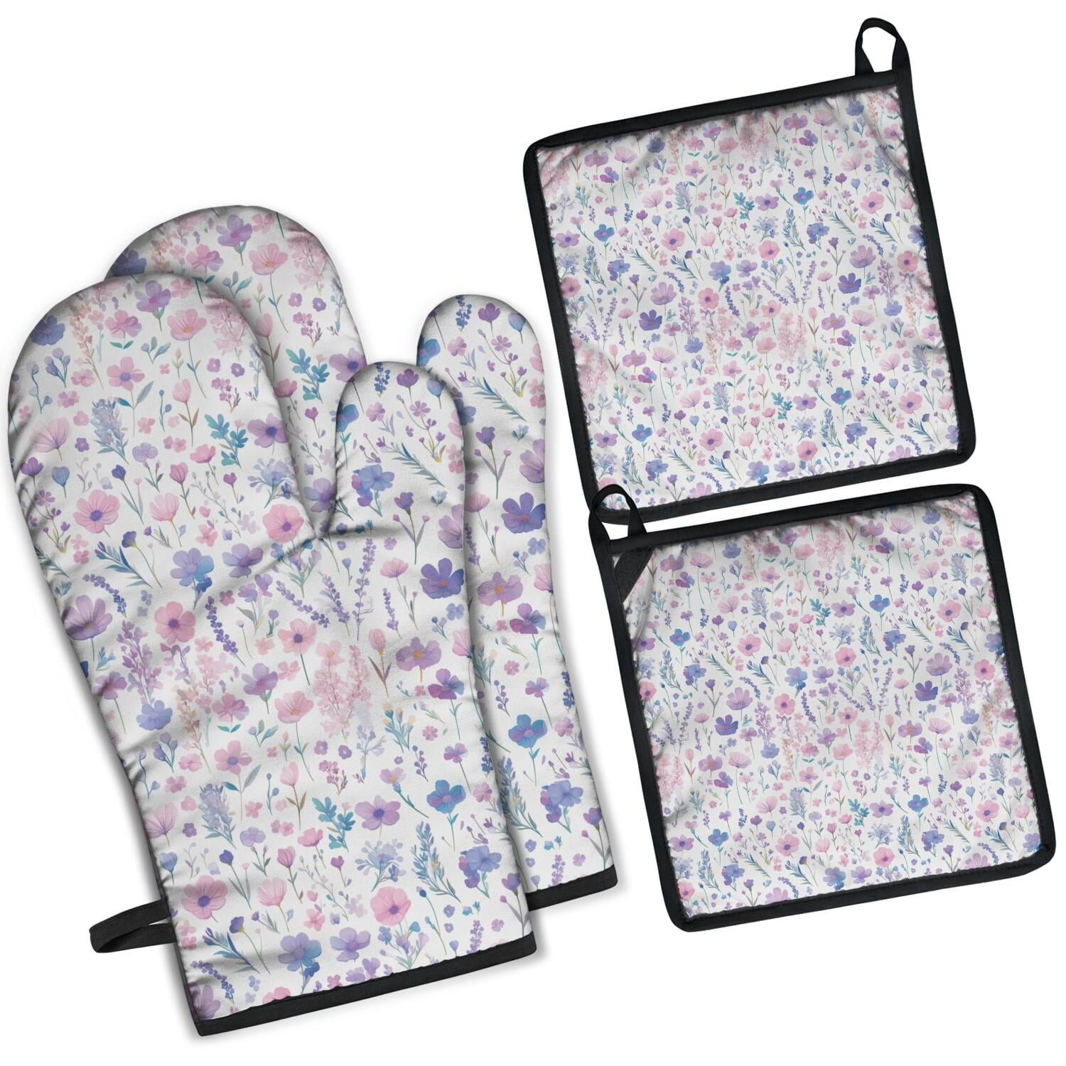 Floral Pattern Oven Mitts and Pot Holders Set Of 4, Heat Resistant Kitchen Gloves with Non-Slip Grip, Hanging Loop, Soft Cotton Lining for Baking, Cooking, Grilling, Barbecue