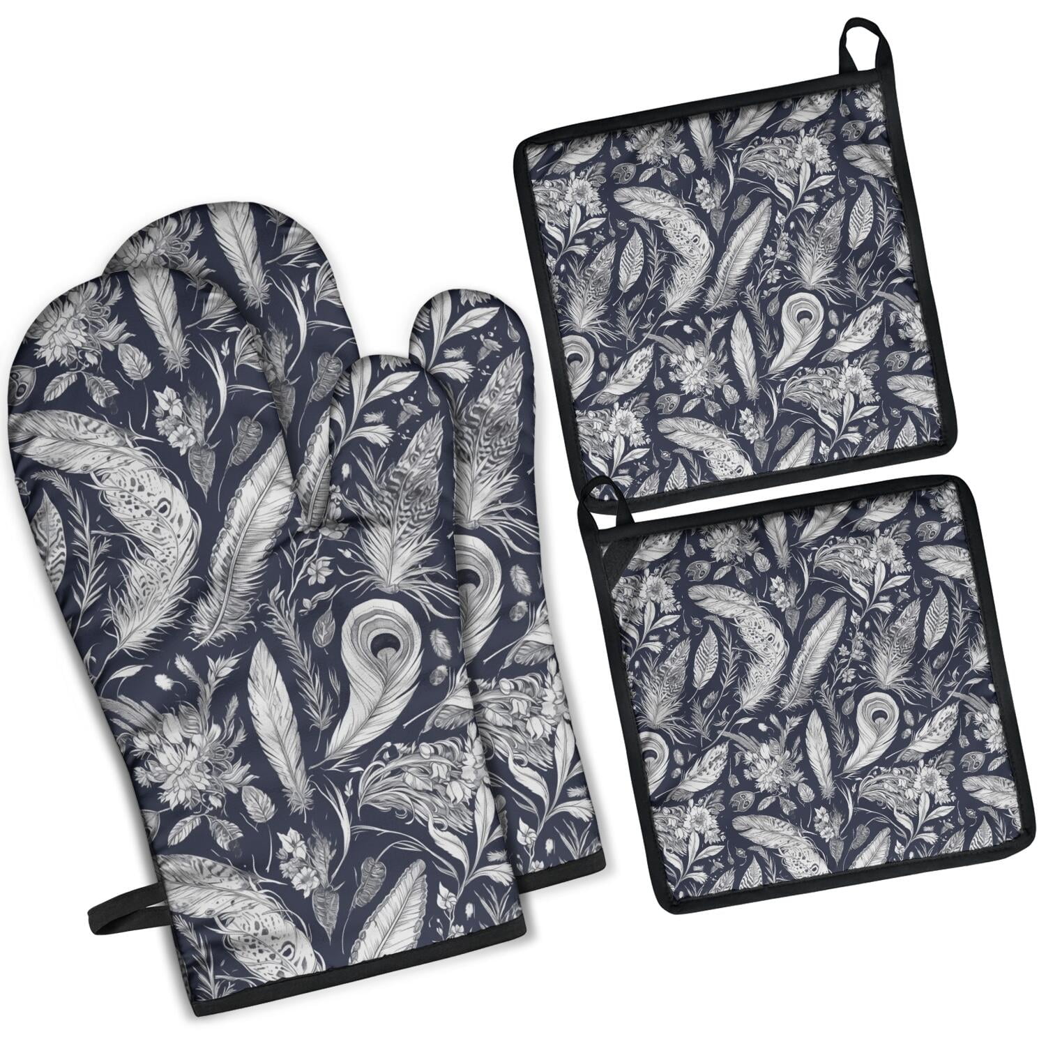 Floral Pattern Oven Mitts and Pot Holders Set Of 4, Heat Resistant Kitchen Gloves with Non-Slip Grip, Hanging Loop, Soft Cotton Lining for Baking, Cooking, Grilling, Barbecue