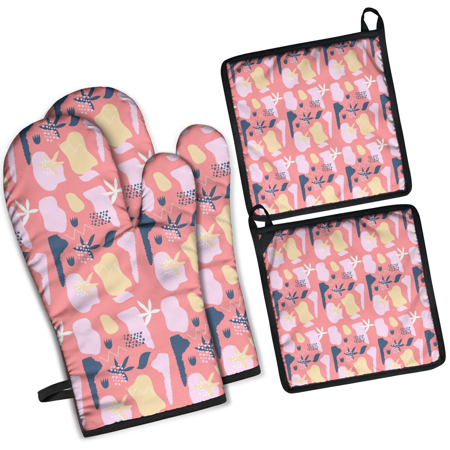 Floral Pattern Oven Mitts and Pot Holders Set Of 4, Heat Resistant Kitchen Gloves with Non-Slip Grip, Hanging Loop, Soft Cotton Lining for Baking, Cooking, Grilling, Barbecue