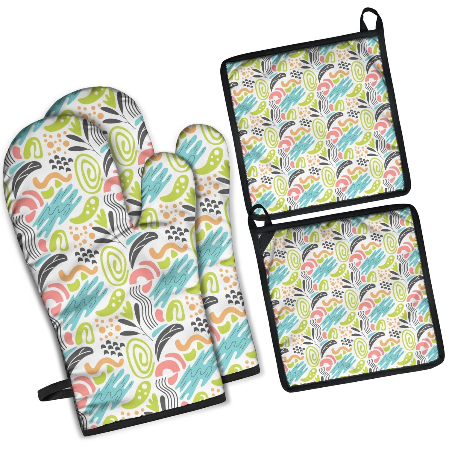 Floral Pattern Oven Mitts and Pot Holders Set Of 4, Heat Resistant Kitchen Gloves with Non-Slip Grip, Hanging Loop, Soft Cotton Lining for Baking, Cooking, Grilling, Barbecue