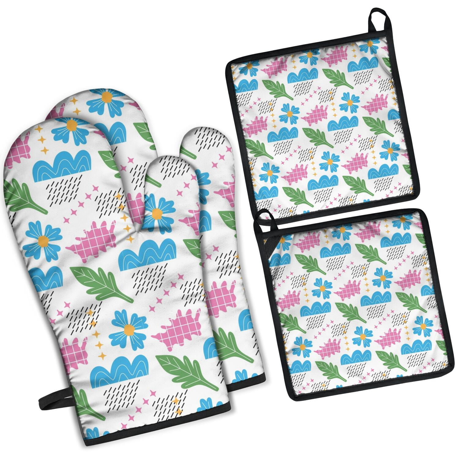 Floral Pattern Oven Mitts and Pot Holders Set Of 4, Heat Resistant Kitchen Gloves with Non-Slip Grip, Hanging Loop, Soft Cotton Lining for Baking, Cooking, Grilling, Barbecue