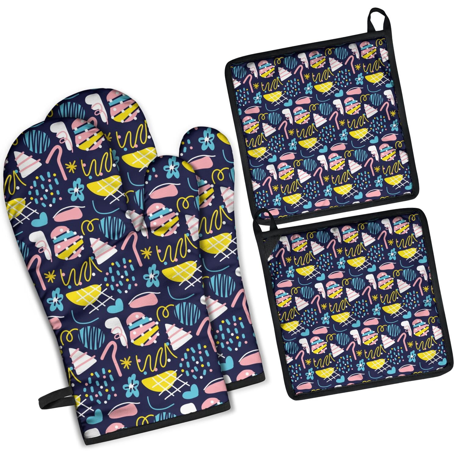Floral Pattern Oven Mitts and Pot Holders Set Of 4, Heat Resistant Kitchen Gloves with Non-Slip Grip, Hanging Loop, Soft Cotton Lining for Baking, Cooking, Grilling, Barbecue