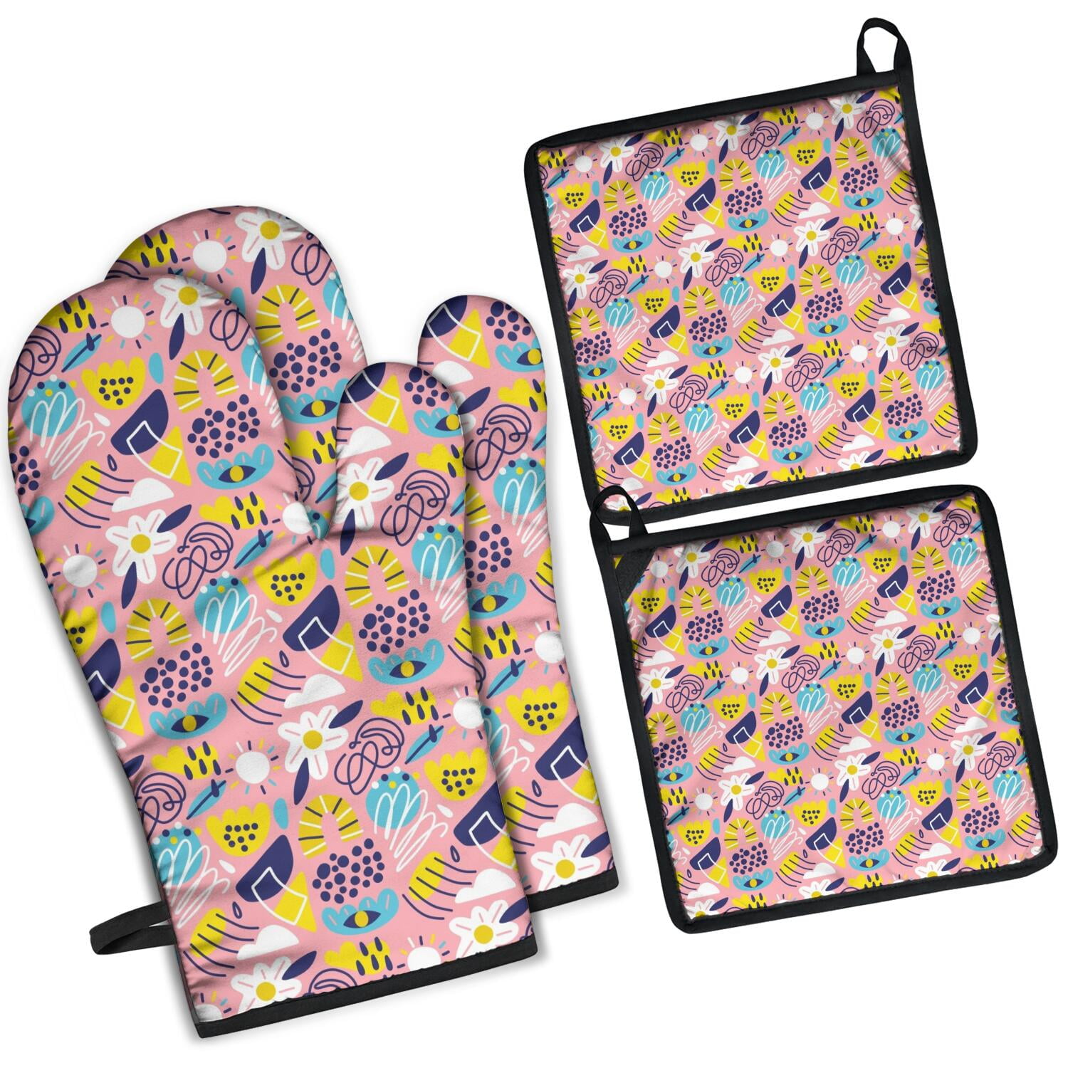 Floral Pattern Oven Mitts and Pot Holders Set Of 4, Heat Resistant Kitchen Gloves with Non-Slip Grip, Hanging Loop, Soft Cotton Lining for Baking, Cooking, Grilling, Barbecue