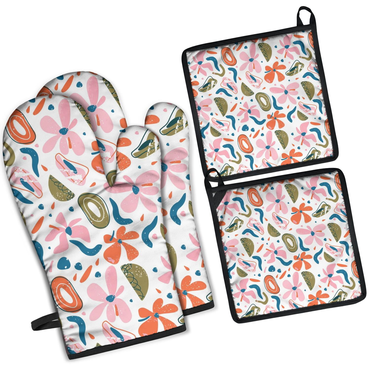 Floral Pattern Oven Mitts and Pot Holders Set Of 4, Heat Resistant Kitchen Gloves with Non-Slip Grip, Hanging Loop, Soft Cotton Lining for Baking, Cooking, Grilling, Barbecue