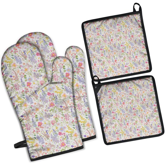 Floral Pattern Oven Mitts and Pot Holders Set Of 4, Heat Resistant Kitchen Gloves with Non-Slip Grip, Hanging Loop, Soft Cotton Lining for Baking, Cooking, Grilling, Barbecue